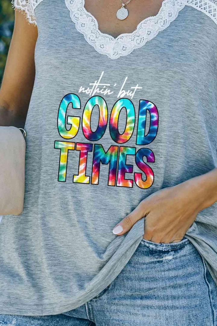 Lace Trim V-Neck NOTHIN BUT GOOD TIMES Graphic Tee | 1mrk.com