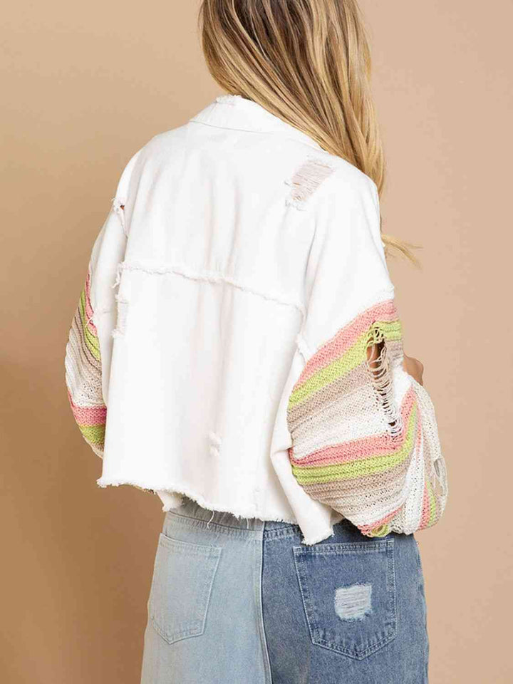 Distressed Striped Long Sleeve Denim Jacket | 1mrk.com