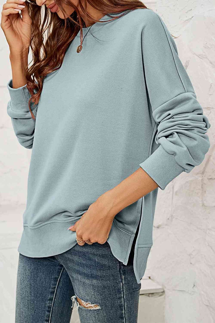 Round Neck  Dropped Shoulder Slit Sweatshirt |1mrk.com