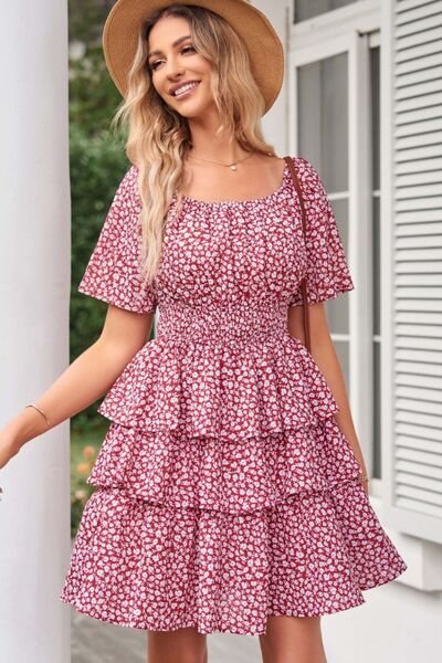 Floral Smocked Short Sleeve Layered Dress |1mrk.com