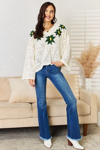 POL Floral Embroidered Pattern V-Neck Sweater |1mrk.com