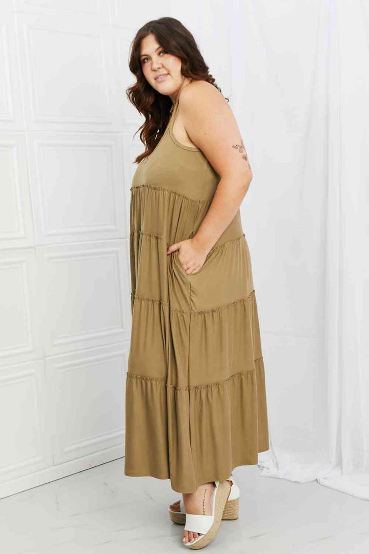 Zenana Full Size Spaghetti Strap Tiered Dress with Pockets in Khaki | 1mrk.com