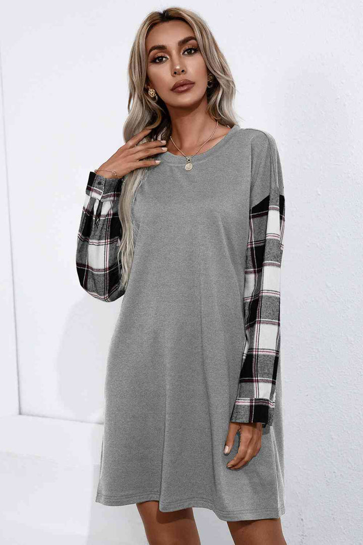 Plaid Sleeve Contrast T-Shirt Dress | 1mrk.com