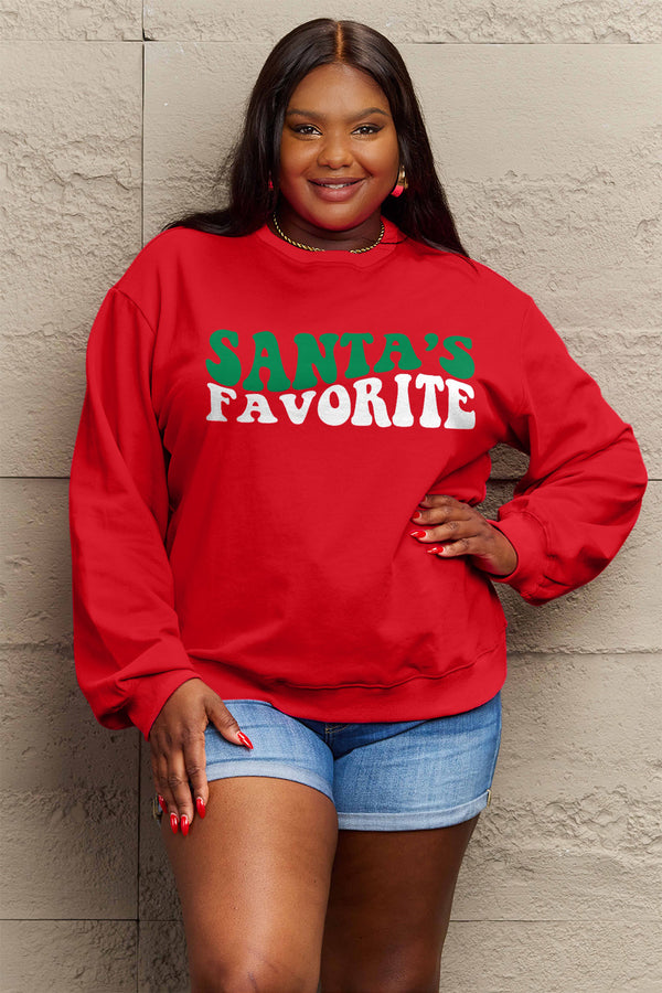 Simply Love Full Size SANTA'S FAVORITE Round Neck Sweatshirt | Trendsi