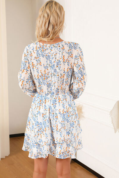 Printed Surplice Balloon Sleeve Mini Dress |1mrk.com