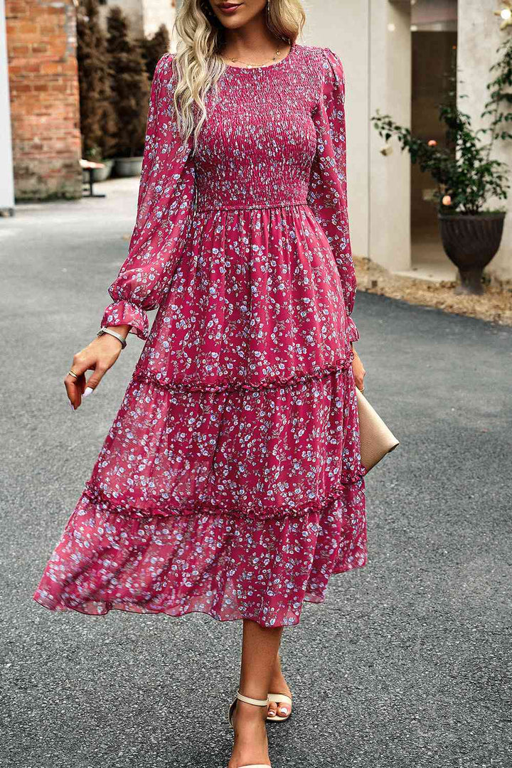 Smocked Flounce Sleeve Midi Dress | 1mrk.com