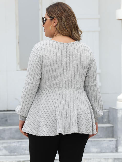 Plus Size Ribbed V-Neck Long Sleeve Blouse | 1mrk.com