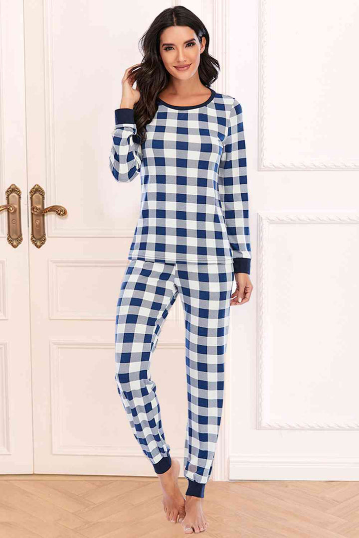 Plaid Round Neck Top and Pants Set | 1mrk.com