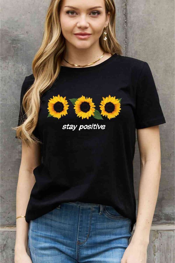 Simply Love Full Size STAY POSITIVE Sunflower Graphic Cotton Tee | 1mrk.com