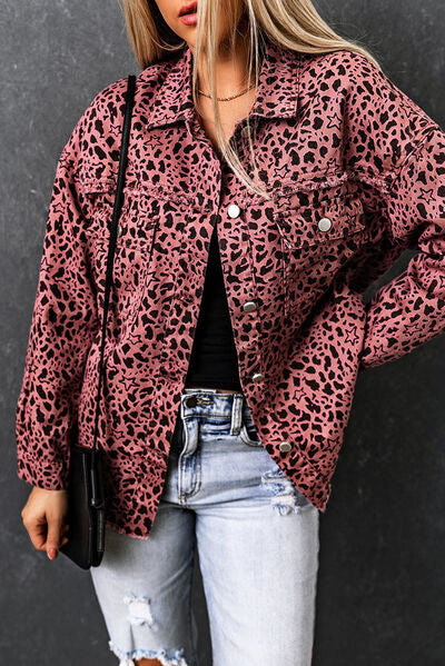 Leopard Raw Hem Button Up Denim Jacket |1mrk.com