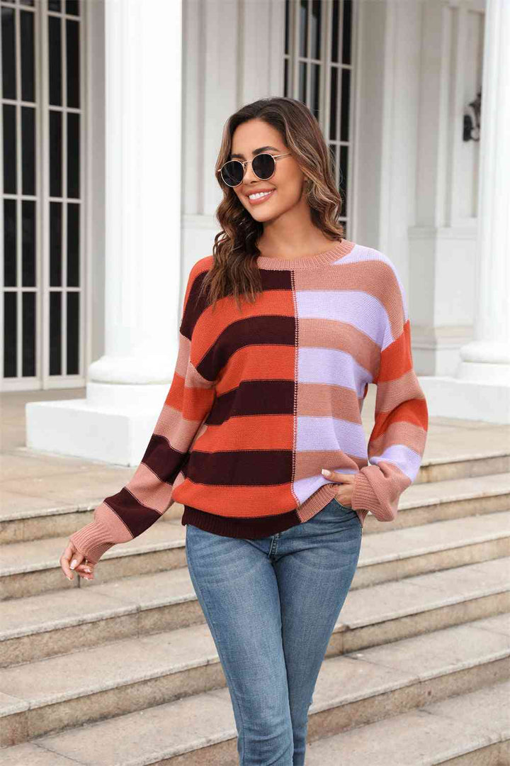 Round Neck Long Sleeve Color Block Dropped Shoulder Pullover Sweater |1mrk.com