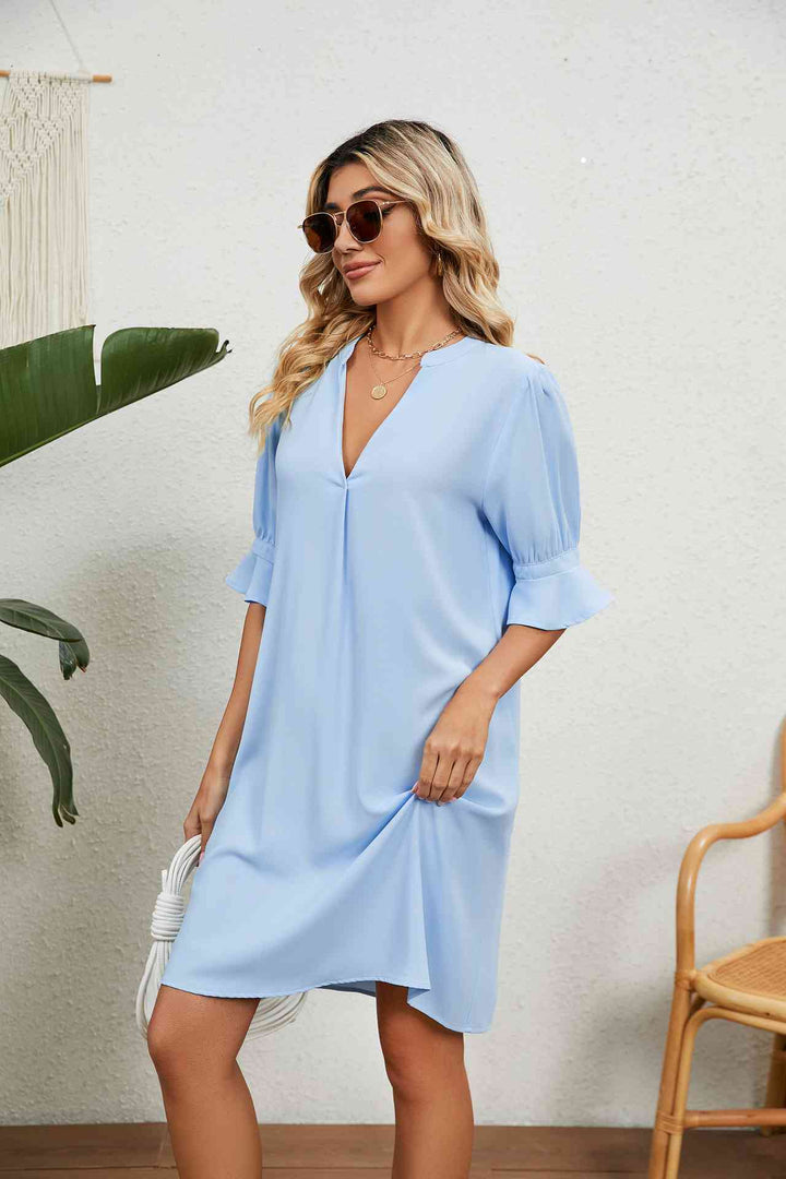 Notched Neck Flounce Sleeve Dress |1mrk.com