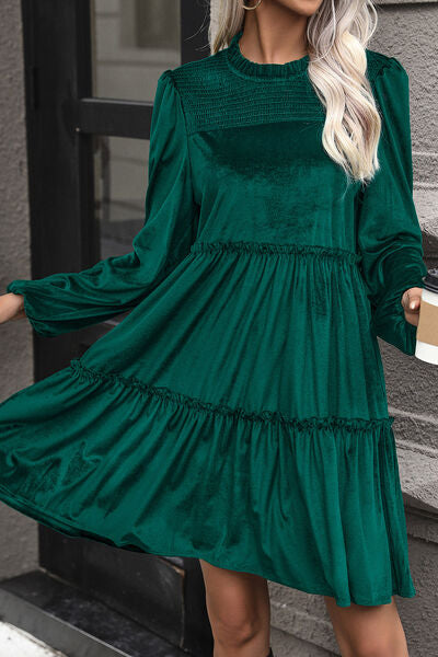 Smocked Balloon Sleeve Frill Trim Tiered Dress | 1mrk.com