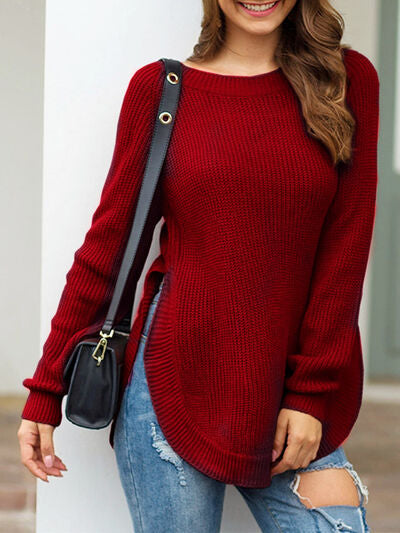 Slit Round Neck Long Sleeve Sweater |1mrk.com