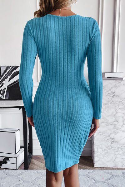 Ribbed Tied Long Sleeve Wrap Dress | 1mrk.com