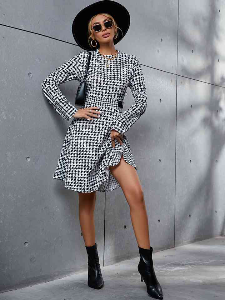 Houndstooth Long Sleeve Round Neck Dress |1mrk.com