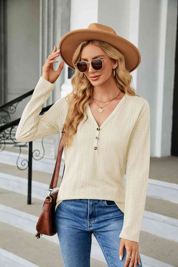 Cable-Knit Long Sleeve V-Neck T-Shirt | 1mrk.com