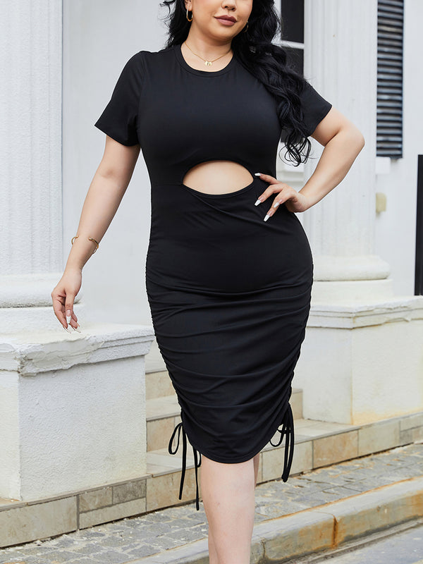 Plus Size Cutout Ruched Round Neck Short Sleeve Dress | Trendsi