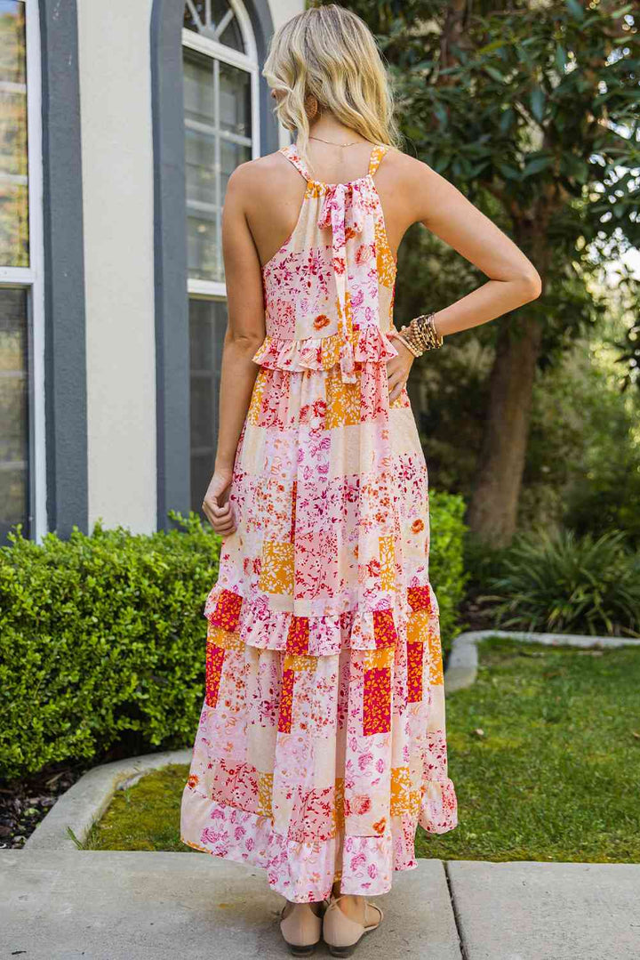 Patchwork Grecian Neck Ruffled Maxi Dress |1mrk.com