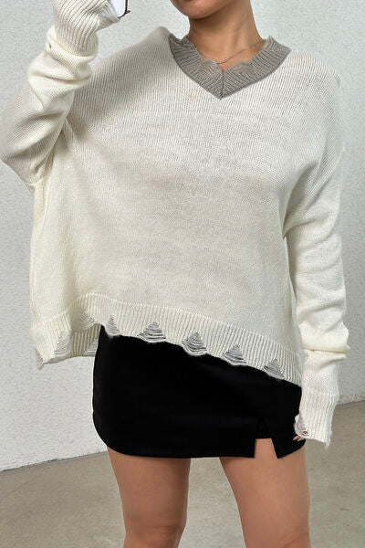 Distressed V-Neck Dropped Shoulder Sweater |1mrk.com