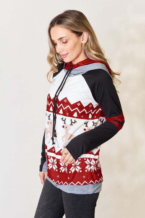 Double Take Full Size Christmas Drawstring Long Sleeve Hoodie | 1mrk.com