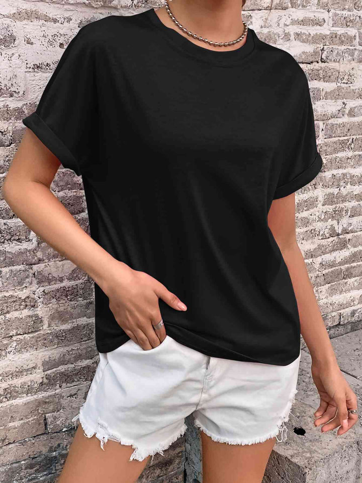 Round Neck Cuffed Sleeve T-Shirt | 1mrk.com