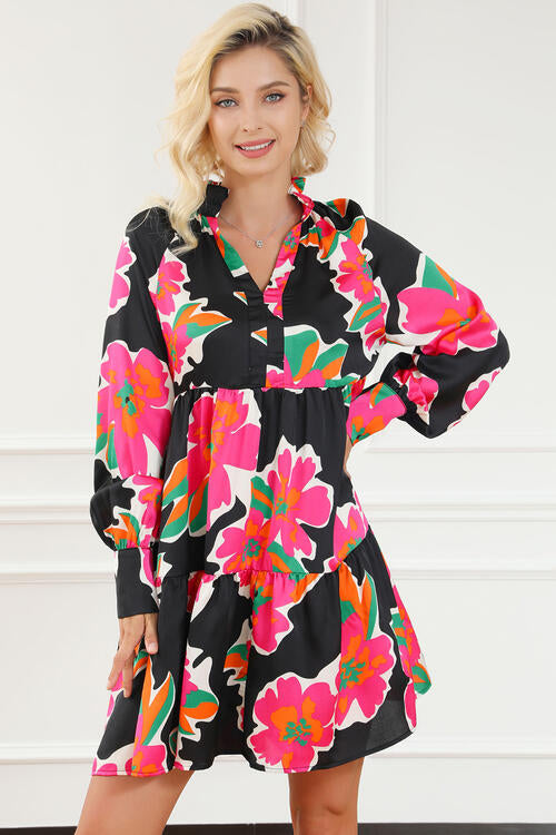 Flower Print Notched Ruffle Hem Dress |1mrk.com