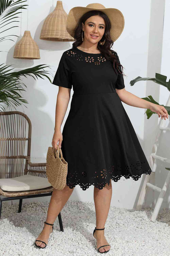 Plus Size Round Neck Openwork Dress |1mrk.com