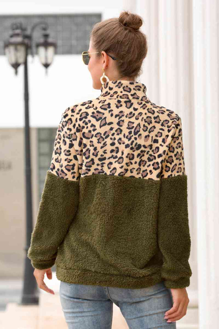 Leopard Zip-Up Turtle Neck Dropped Shoulder Sweatshirt |1mrk.com