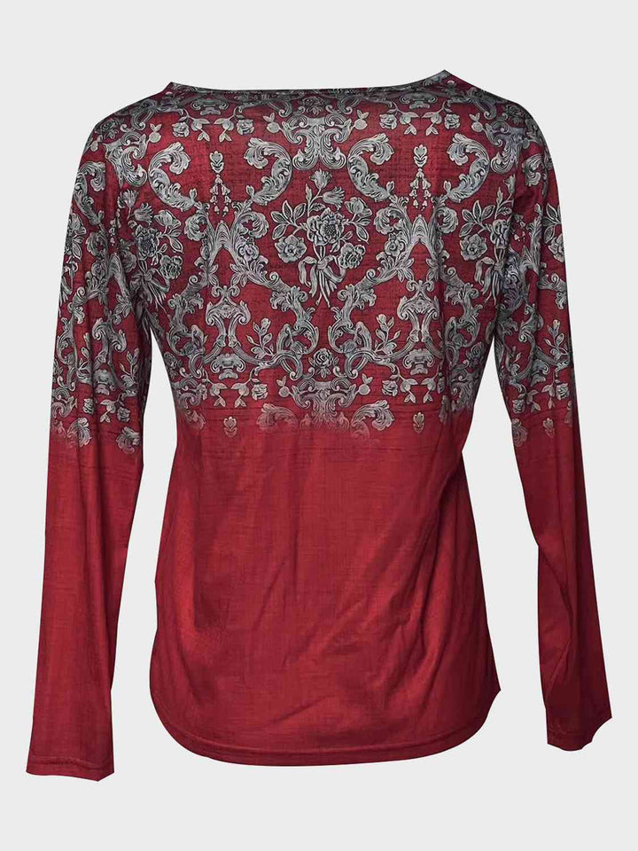 Printed Notched Long Sleeve T-Shirt | 1mrk.com