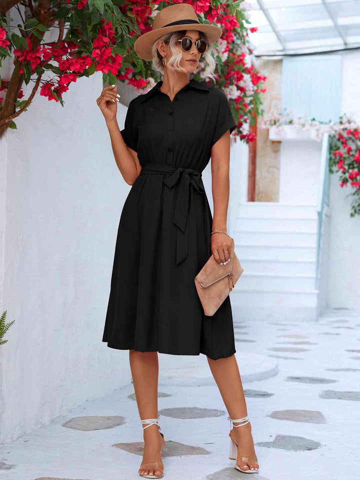 Cuffed Short Sleeve Belted Shirt Dress | 1mrk.com