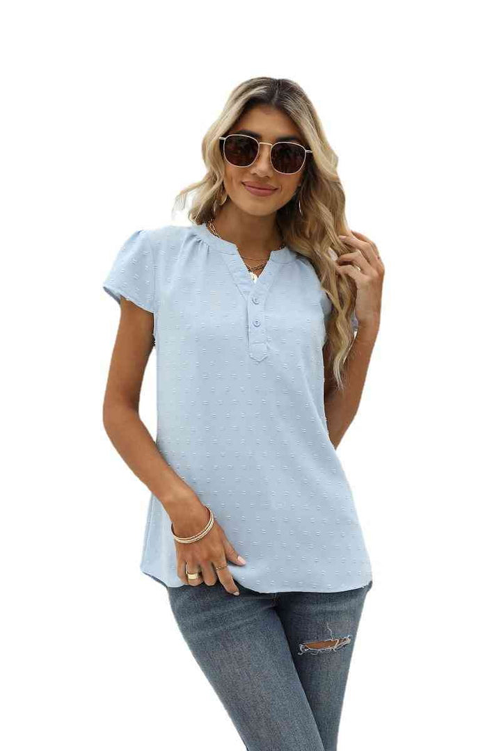 Swiss Dot Notched Neck Short Sleeve Top | 1mrk.com