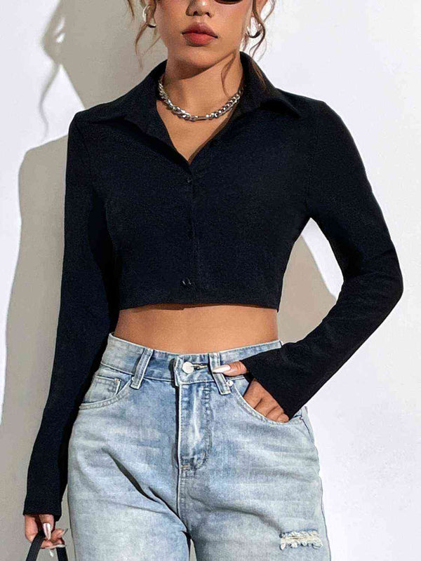 Button Up Collared Neck Long Sleeve Blouse | 1mrk.com