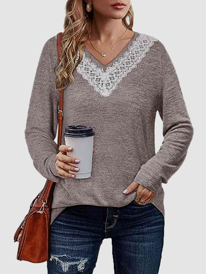 Lace Detail V-Neck Long Sleeve Top | 1mrk.com