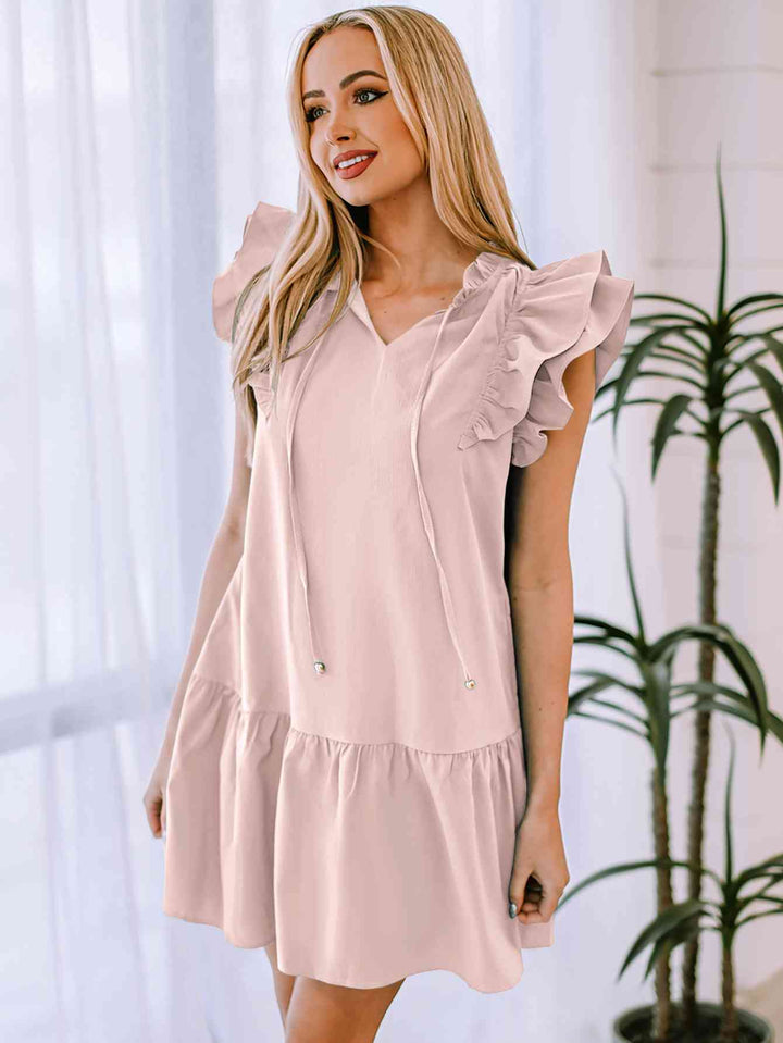 Ruffle Shoulder Tie-Neck Tiered Dress |1mrk.com