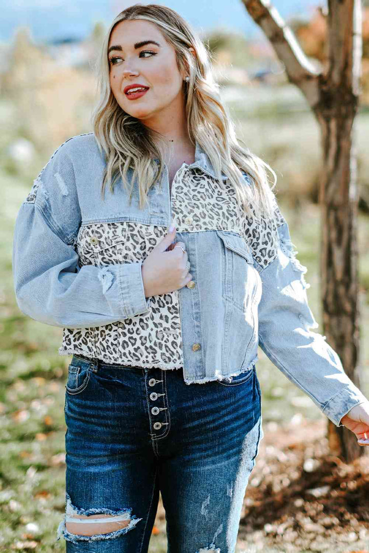 Plus Size Leopard Raw Hem Distressed Spliced Denim Jacket | 1mrk.com