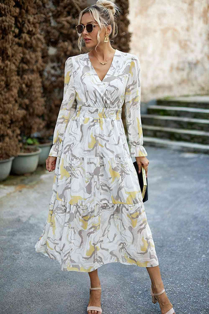 Printed Surplice Neck Flounce Sleeve Midi Dress |1mrk.com