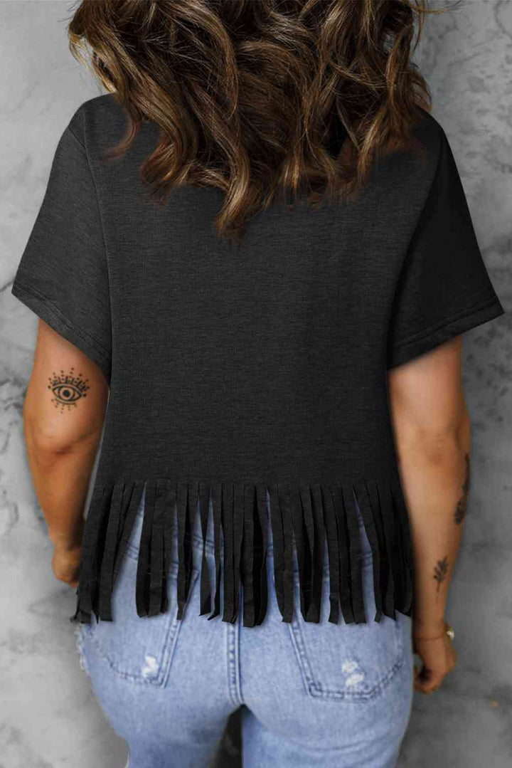 V-Neck Fringe Hem T-Shirt | 1mrk.com