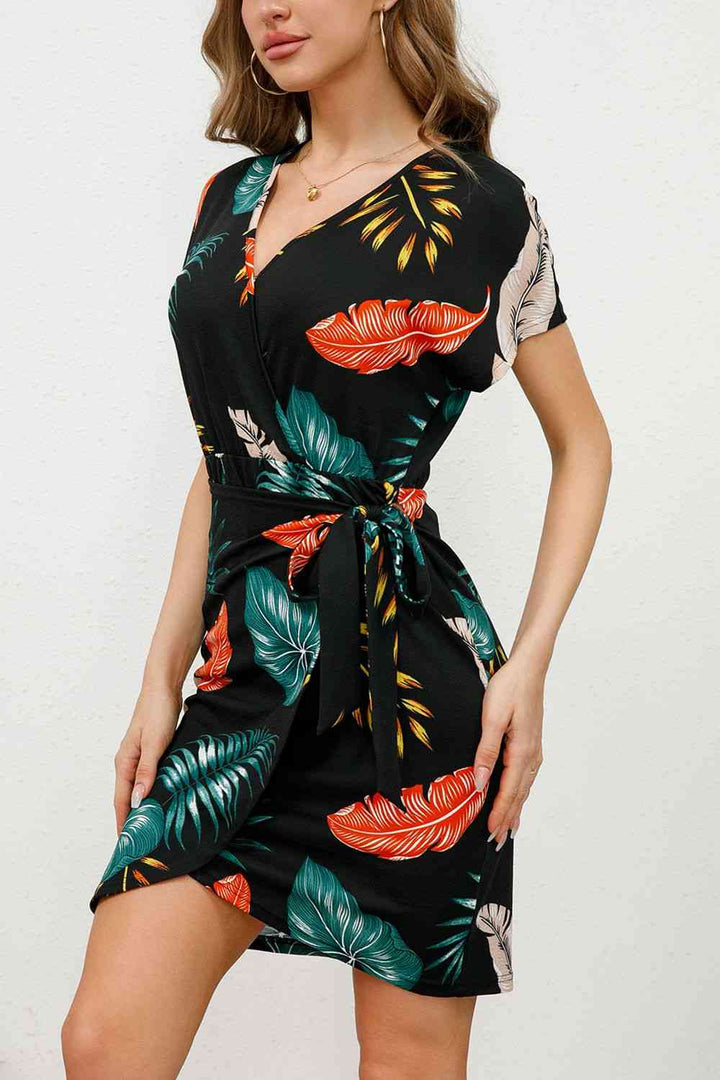 Printed Surplice Neck Short Sleeve Side Tie Mini Dress |1mrk.com