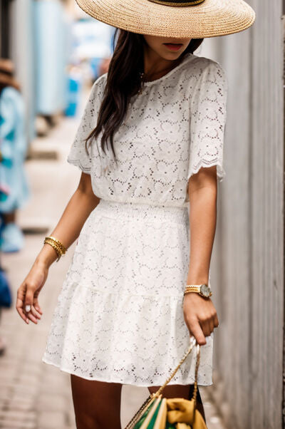 Openwork Round Neck Short Sleeve Dress |1mrk.com