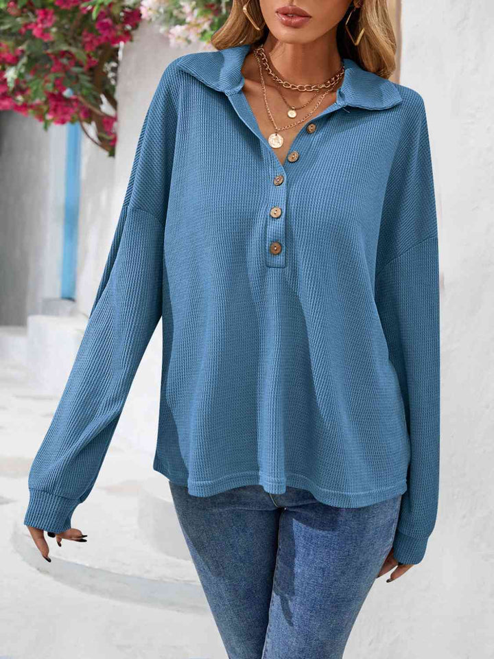 Half Button Collared Neck Long Sleeve Top | 1mrk.com