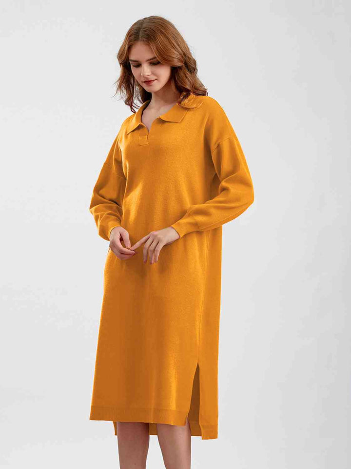 Johnny Collar Long Sleeve Slit Sweater Dress |1mrk.com