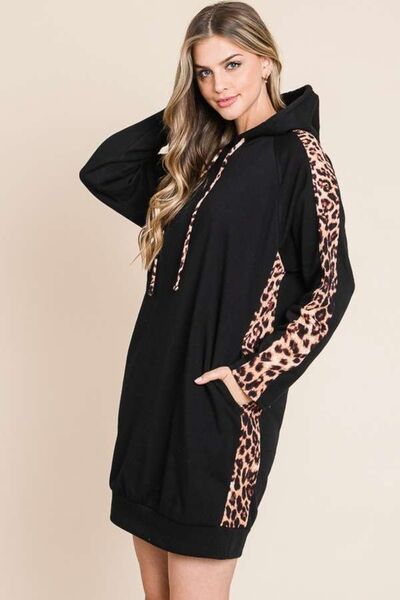 Culture Code Drawstring Leopard Long Sleeve Hooded Dress |1mrk.com