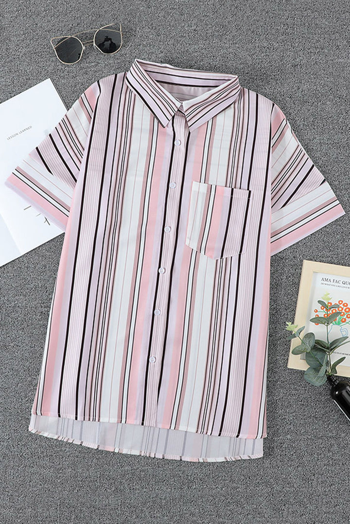 Striped Collared Neck Button-down Pocketed Top |1mrk.com