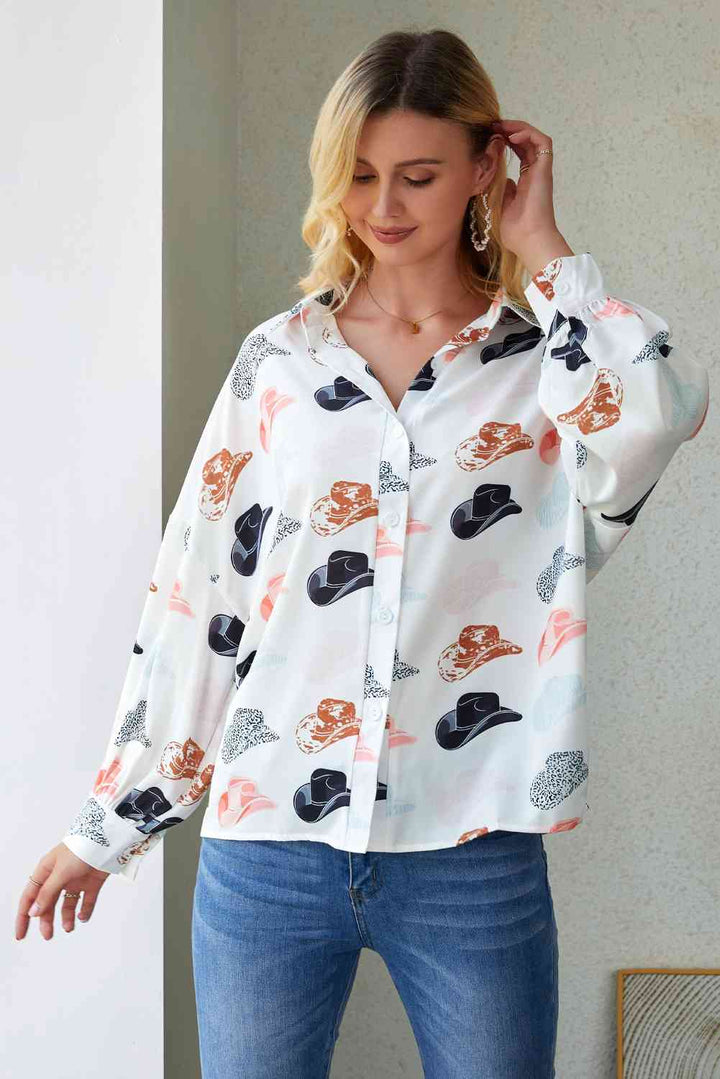 Hat Print Collared Neck Long Sleeve Shirt |1mrk.com