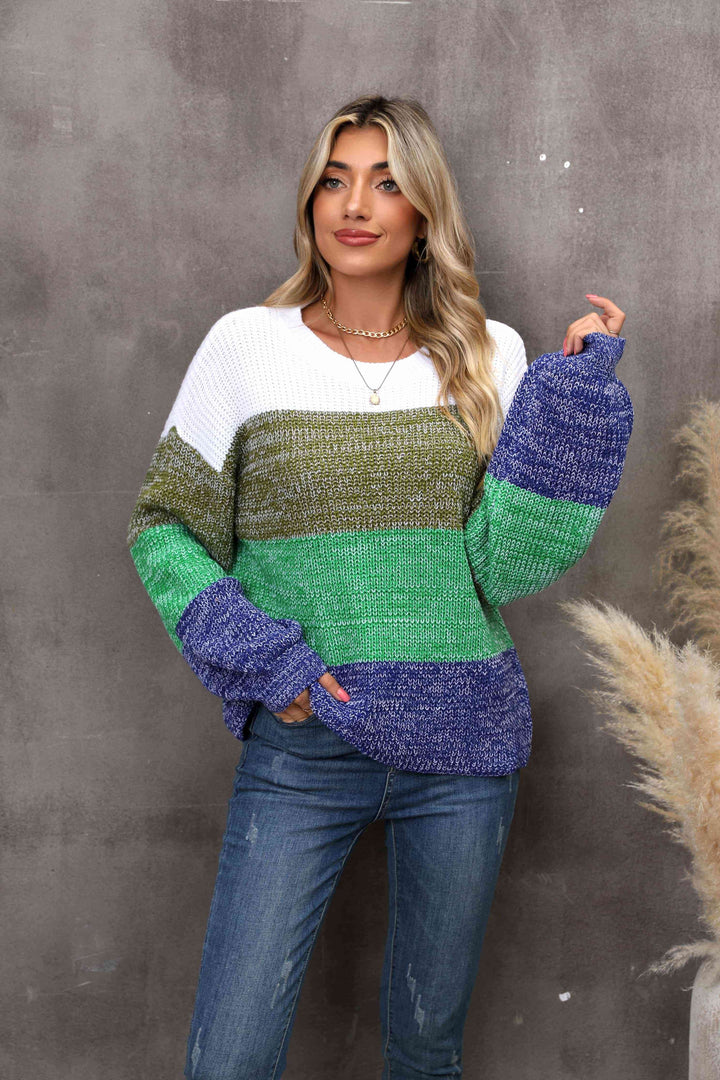 Color Block Round Neck Dropped Shoulder Sweater |1mrk.com