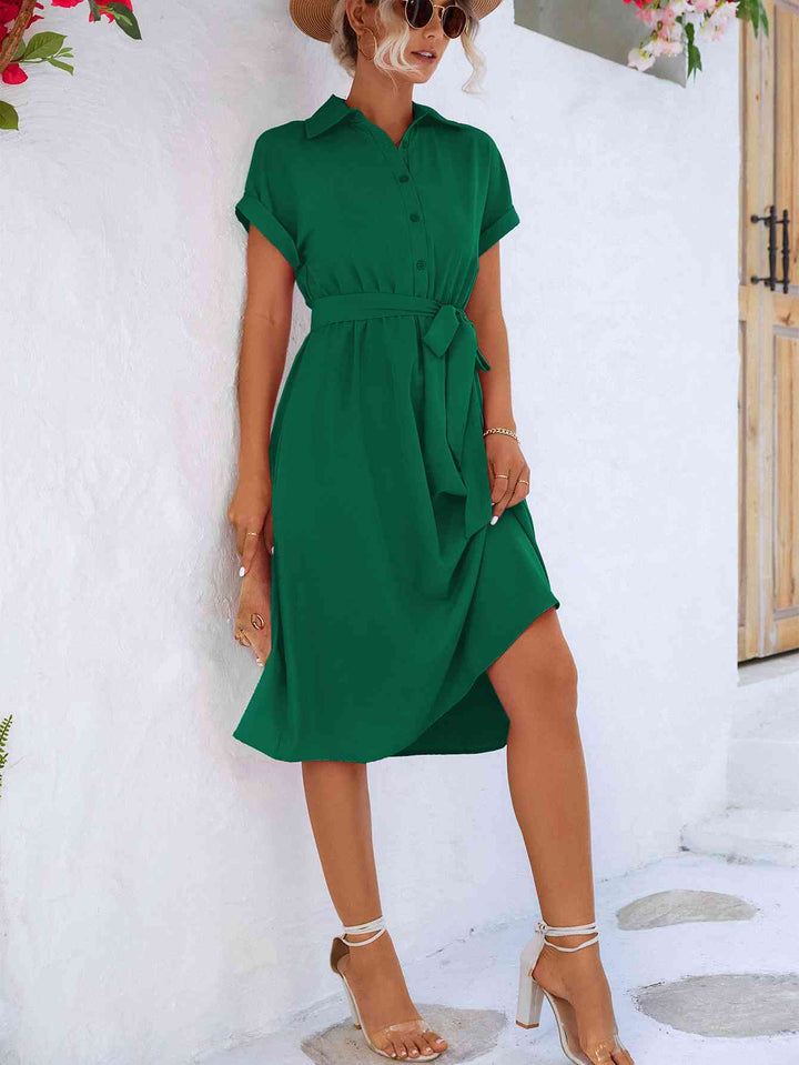 Cuffed Short Sleeve Belted Shirt Dress | 1mrk.com