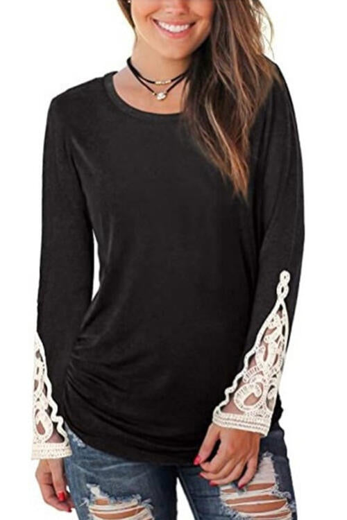 Lace Detail Long Sleeve Round Neck T-Shirt | 1mrk.com