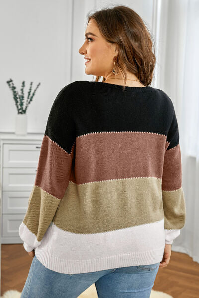 Plus Size Color Block Round Neck Sweater |1mrk.com