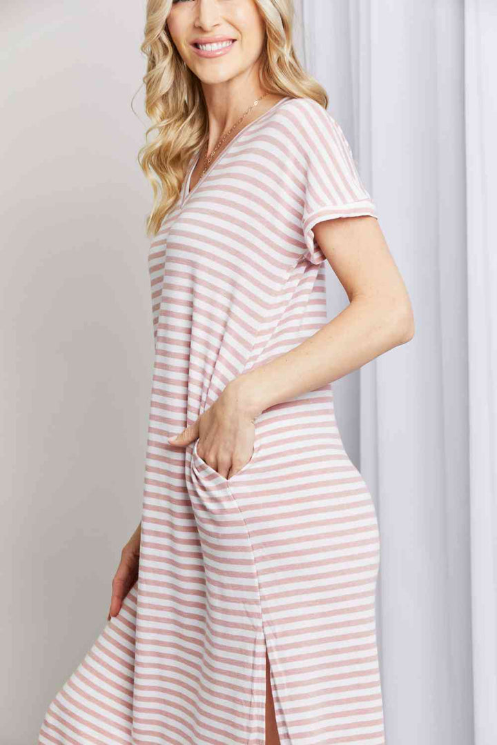 Heimish Full Size Horizontal Stripe Side Slit V-Neck Dress | 1mrk.com